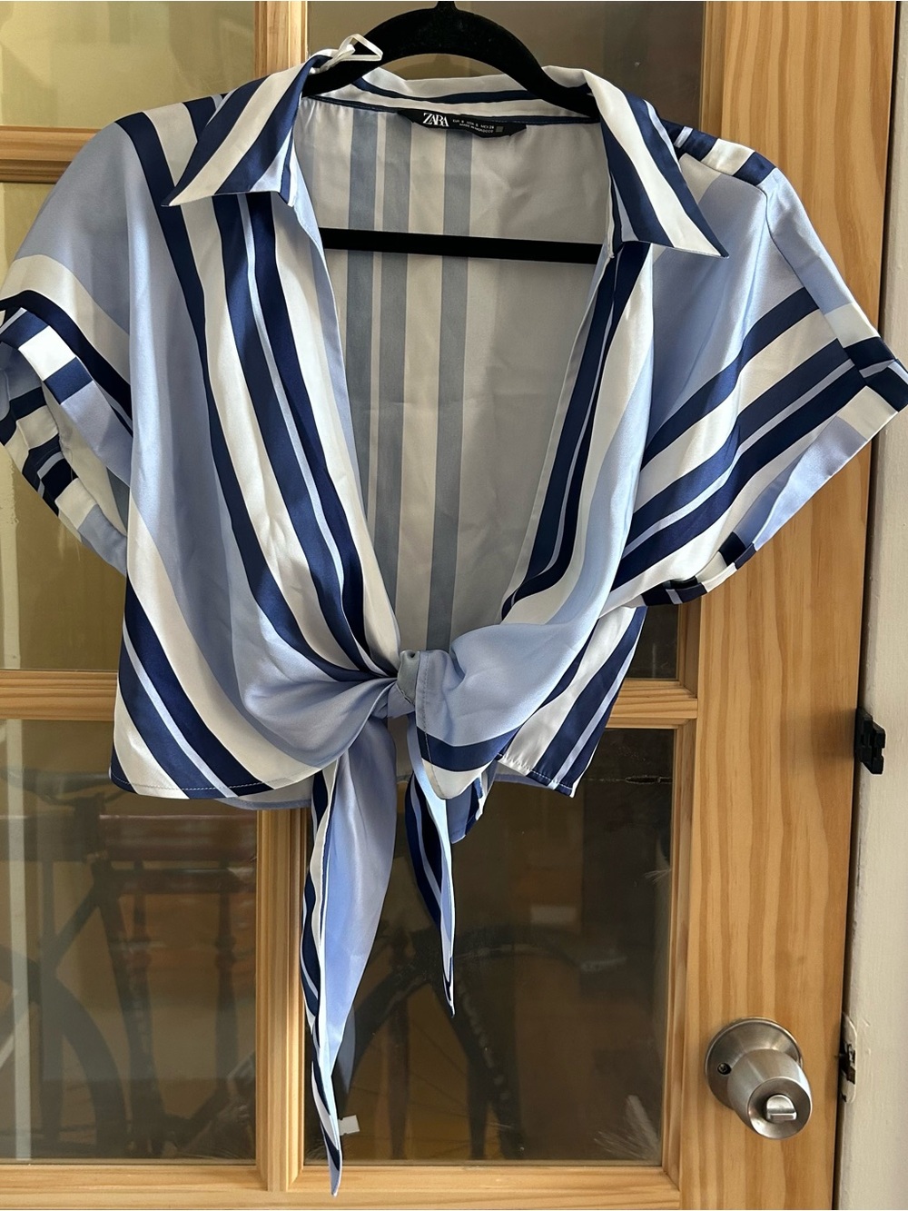 Zara Light Blue, Navy & White Striped Tie-Front Shirt